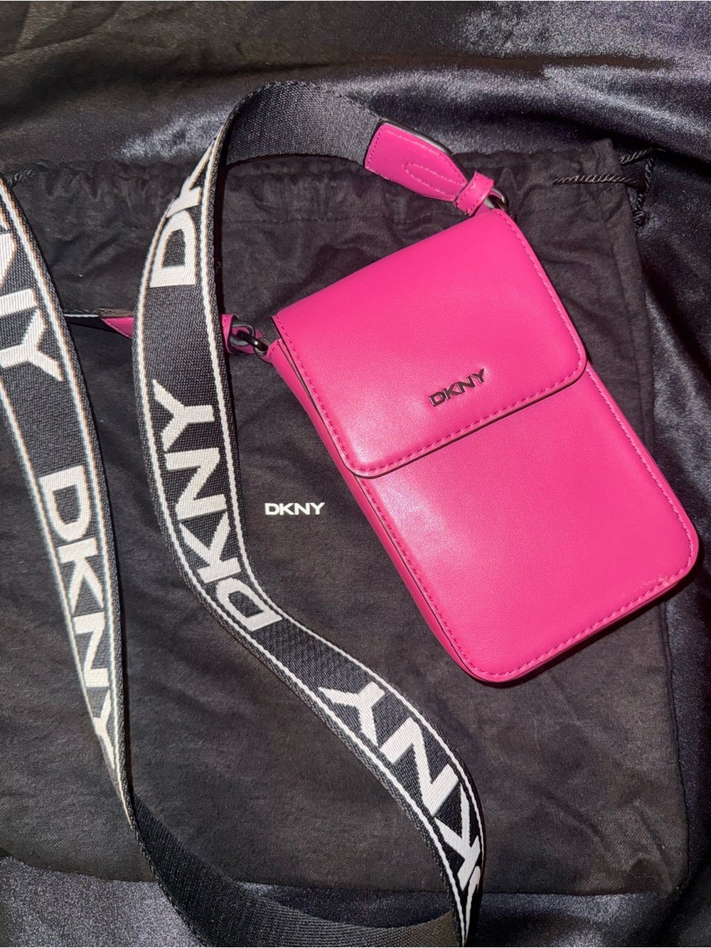 DKNY Hot Pink Crossbody Phone Bag with Branded Black Strap